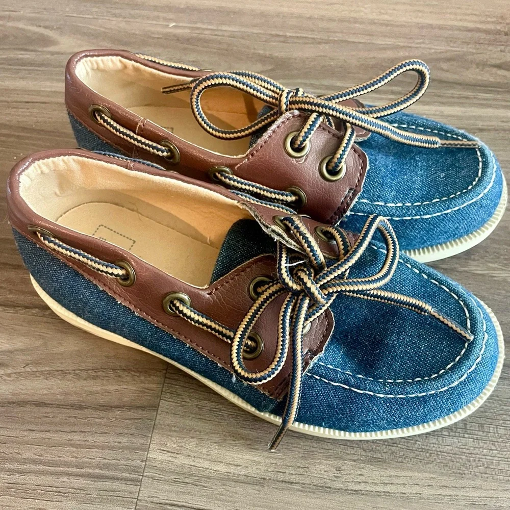 Janie and Jack Denim Blue and Brown Leather Chambray Boat Shoes